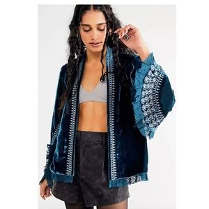 Free People Scarlet Velvet Embroidered Bell Sleeves Teal XS